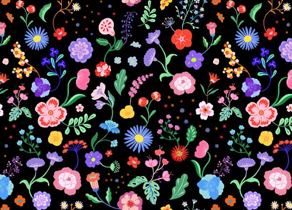 SW-FABR-KIDFL-BL_swoon_fabric_Kids Floral_Black_31.2x22.5cm